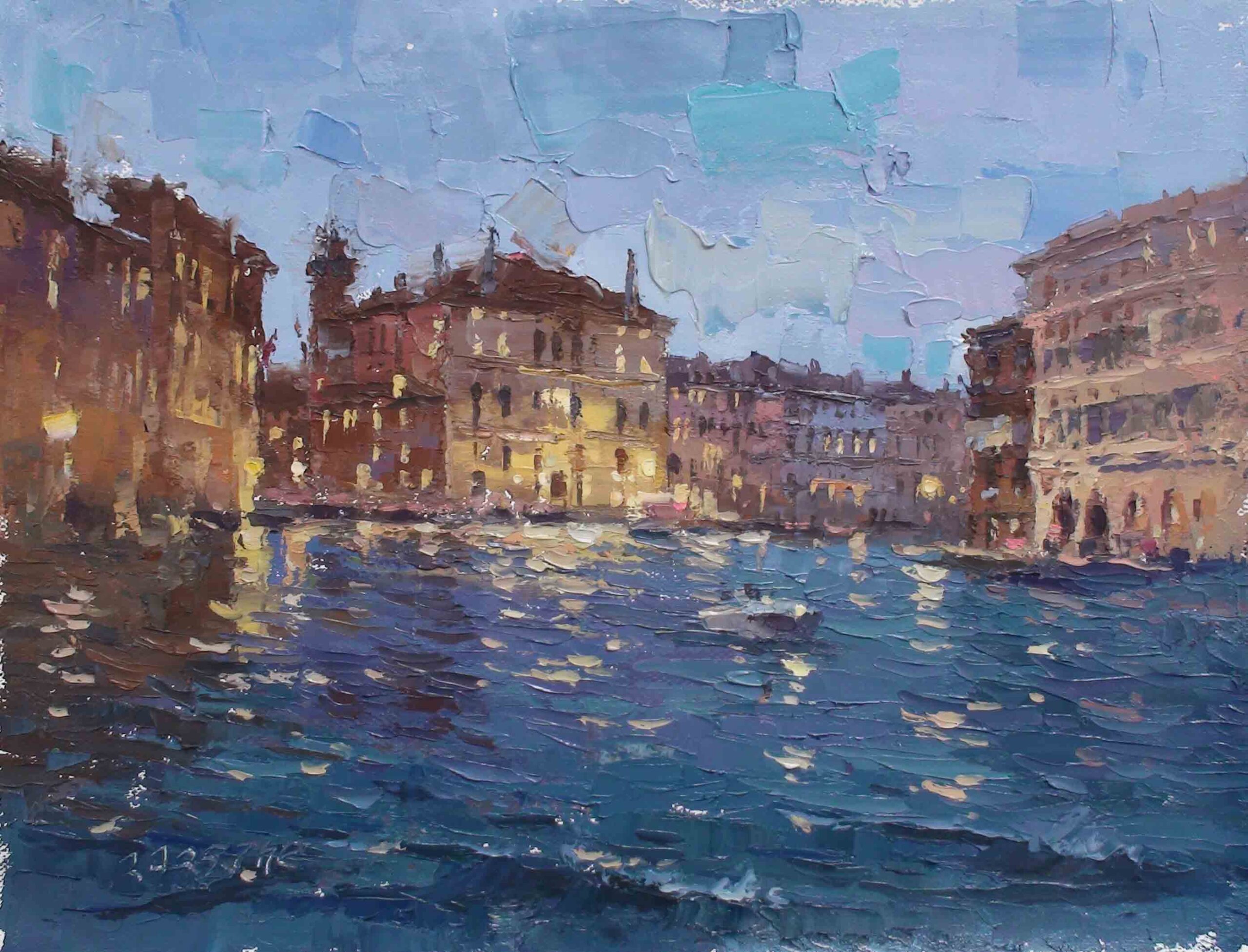 油畫風景-威尼斯之夜 / 畫刀技法